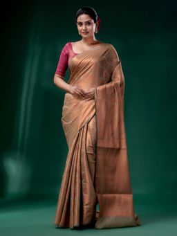 CHARUKRITI - Beige & Gold Blended Silk Brocade Handwoven Soft Saree with Unstitched Blouse