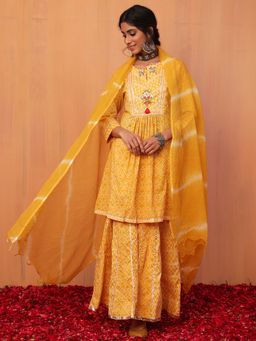 Indya - Yellow Bandhani Print Cotton Short Anarkali Kurta with Sharara and Dupatta (Set of 3)