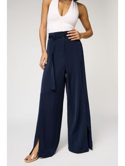 FREAKINS - Celestial Navy Blue Belted Flared Korean Pants