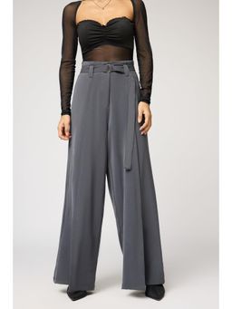 FREAKINS - Silken Grey Belted Flared Korean Pants