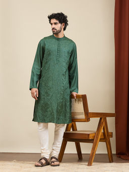 Fabindia - Men Green Viscose Silk Floral Embroidered Kurta