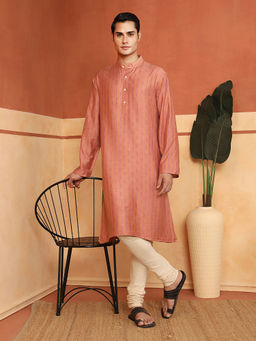 Fabindia - Men Peach Viscose Blend Hand Block Printed Long Kurta