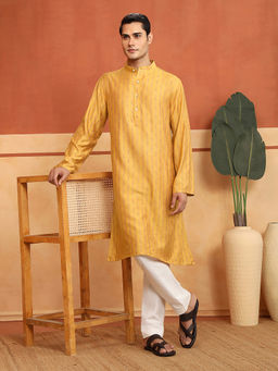 Fabindia - Men Yellow Viscose Blend Hand Block Printed Long Kurta
