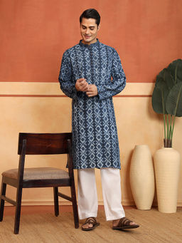 Fabindia - Men Indigo Cotton Printed Thread Work Kurta