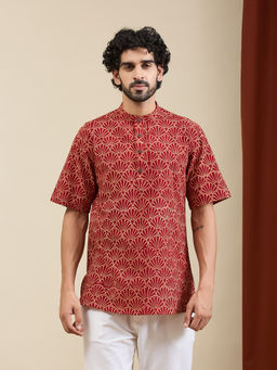 Fabindia - Men Maroon Cotton Ajrakh Printed Short Kurta