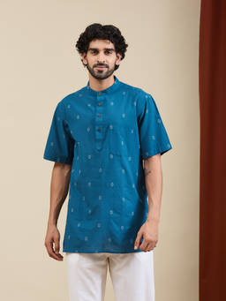 Fabindia - Men Blue Cotton Woven Short Kurta