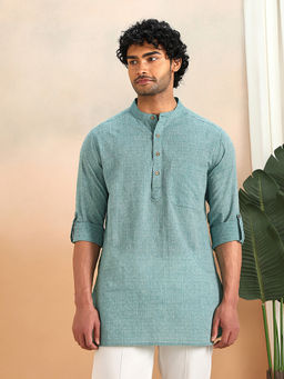 Fabindia - Men Green Cotton Dobby Self Design Short Kurta