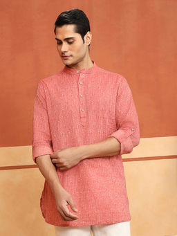 Fabindia - Men Coral Cotton Hand Block Printed Short Kurta
