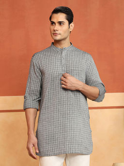 Fabindia - Men Grey Cotton Dobby Checks Short Kurta