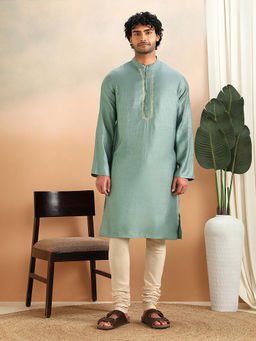 Fabindia - Men Mint Green Viscose Blend Dobby Stripes Embroidered Kurta