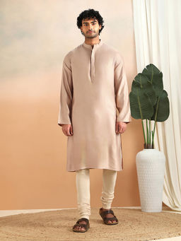 Fabindia - Men Beige Viscose Blend Dobby Self Design Kurta