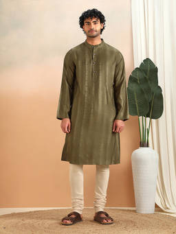 Fabindia - Men Olive Viscose Blend Woven Kurta