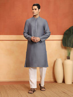 Fabindia - Men Grey Viscose Silk Woven Kurta