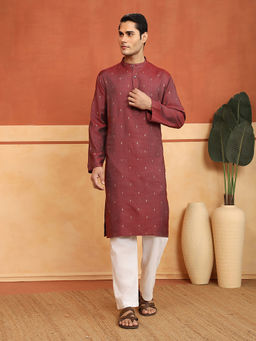 Fabindia - Men Maroon Viscose Blend Hand Block Printed Kurta