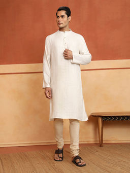 Fabindia - Men Off White Viscose Blend Dobby Stripes Woven Long Kurta