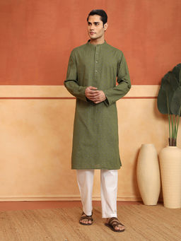 Fabindia - Men Olive Cotton Printed Kurta