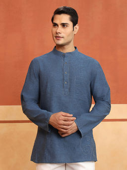 Fabindia - Men Blue Cotton Embroidered Short Kurta