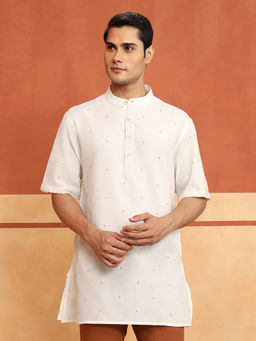 Fabindia - Men White Cotton Dobby Woven Short Kurta