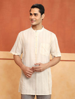 Fabindia - Men Off White Cotton Blend Stripes Printed Short Kurta