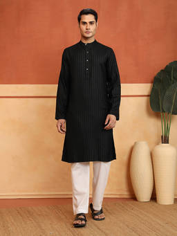 Fabindia - Men Black Viscose Blend Stripes Printed Kurta