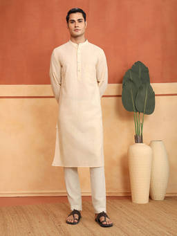 Fabindia - Men Cream Cotton Blend Stripes Printed Kurta