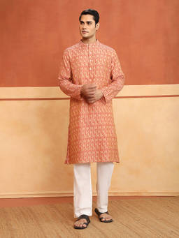 Fabindia - Men Red-Cream Cotton Silk Blend Woven Kurta