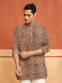 Fabindia - Men Multi-Color Cotton Floral Kalamkari Short Kurta