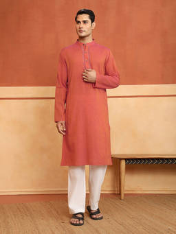 Fabindia - Men Coral Cotton Textured Embroidered Kurta