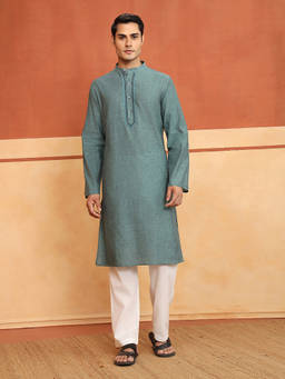 Fabindia - Men Green Cotton Textured Embroidered Kurta