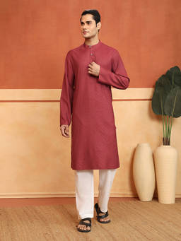Fabindia - Men Maroon Viscose Silk Embroidered Kurta
