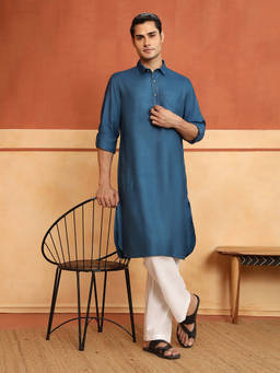 Fabindia - Men Blue Viscose Silk Woven Pathani Kurta