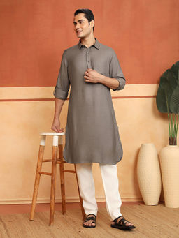 Fabindia - Men Grey Viscose Silk Woven Pathani Kurta