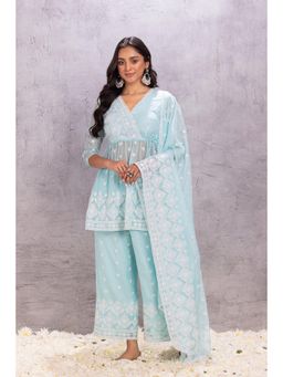 SEW - Sky Blue Organza Embroidered Angrakha Kurti with Palazzo and Dupatta (Set of 3)