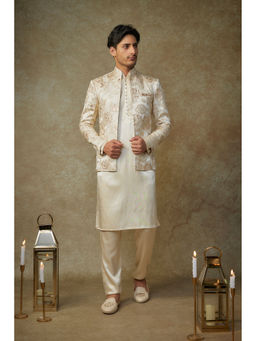 Masumi Mewawalla - Beige Floral Embroidered Jacket with Kurta and Pant (Set of 3)