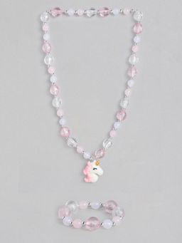 EL REGALO - Kids Girls Jewellery Necklace and Bracelet Combo White and Pink (Set of 2)