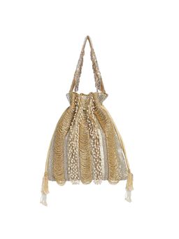Lovetobag - Ruche Potli Peerless Gold Lustrous Silver with Handle