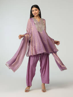 Gajra Gang - Lilac Tissue Embroidered Kurta Farsi Salwar & Dupatta Reshami Sandook