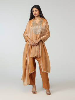 Gajra Gang - Beige Tissue Embroidered Kurta Farsi Salwar & Dupatta Brigade Bride