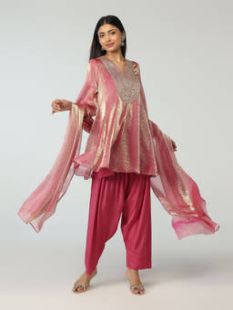 Gajra Gang - Pink Tissue Embroidered Kurta Farsi Salwar & Dupatta Reshami Sandook