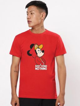 Bewakoof - Official Disney Men's Bold Red Busy Doing Nothing Graphic Printed T-shirt