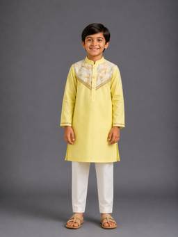 The Little Tales - Yellow Embroidered Sequined Yoke Kurta With Pant