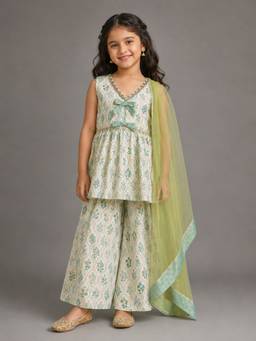 The Little Tales - Off White Green Printed Bow Kurta With Palazzo And Dupatta