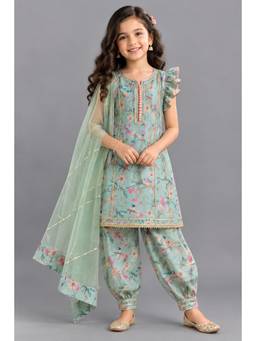 The Little Tales - Green Bird Printed Kurta With Salwar And Dupatta
