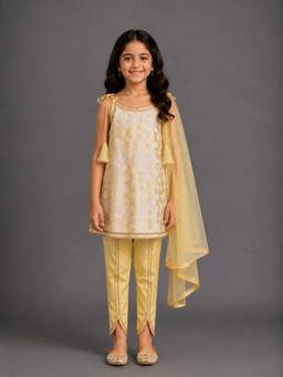 The Little Tales - Yellow Sequined Strappy Kurta With Dhoti And Dupatta