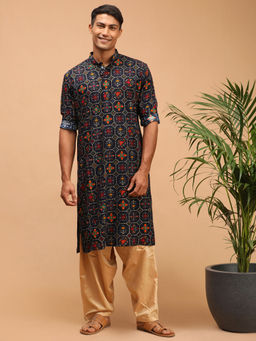 Vastramay - Mens Navy Blue and Rose Gold Cotton Blend Kurta and Salwar (Set of 2)