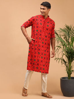 Vastramay - Mens Red and Cream Cotton Blend Kurta Pant (Set of 2)