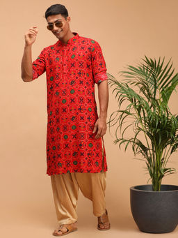 Vastramay - Mens Red and Rose Gold Cotton Blend Kurta and Salwar (Set of 2)