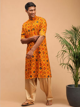 Vastramay - Mens Yellow and Rose Gold Cotton Blend Kurta and Salwar (Set of 2)