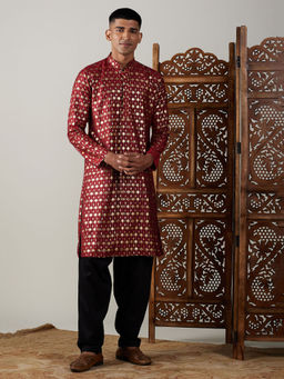 Vastramay - Mens Maroon and Black Viscose Kurta and Salwar (Set of 2)