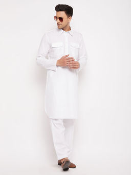 Vastramay - Mens White Cotton Blend Pathani Kurta (Set of 2)